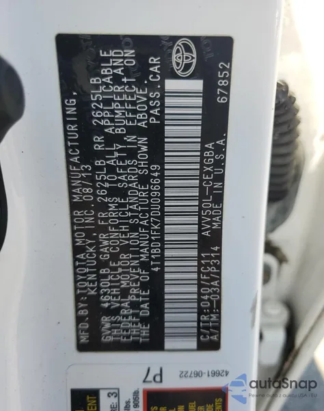 2013 Toyota Camry Hybrid из США, поврежденный, VIN 4T1BD1FK7DU096649